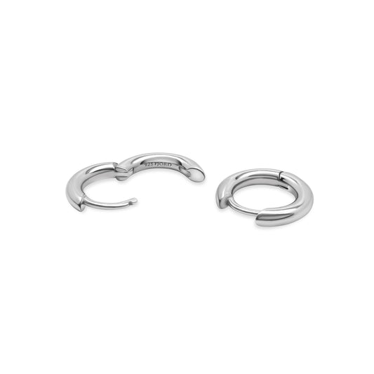 Pair of silver hoop earrings on a white background