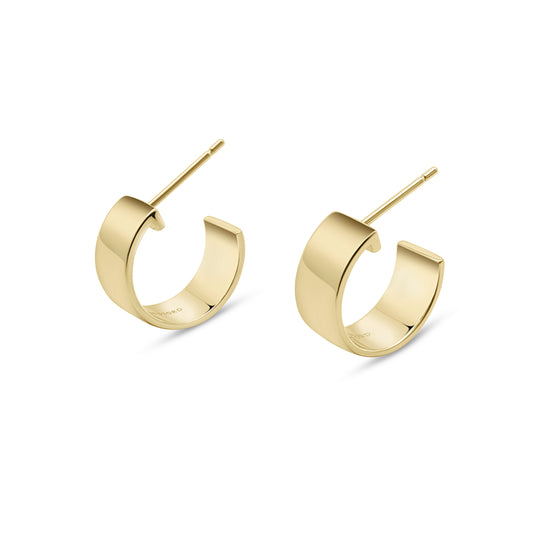 Gold open ended hoop earrings on a white background