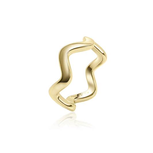 Solid Silver ring 14K plating with a wavy design on a white background