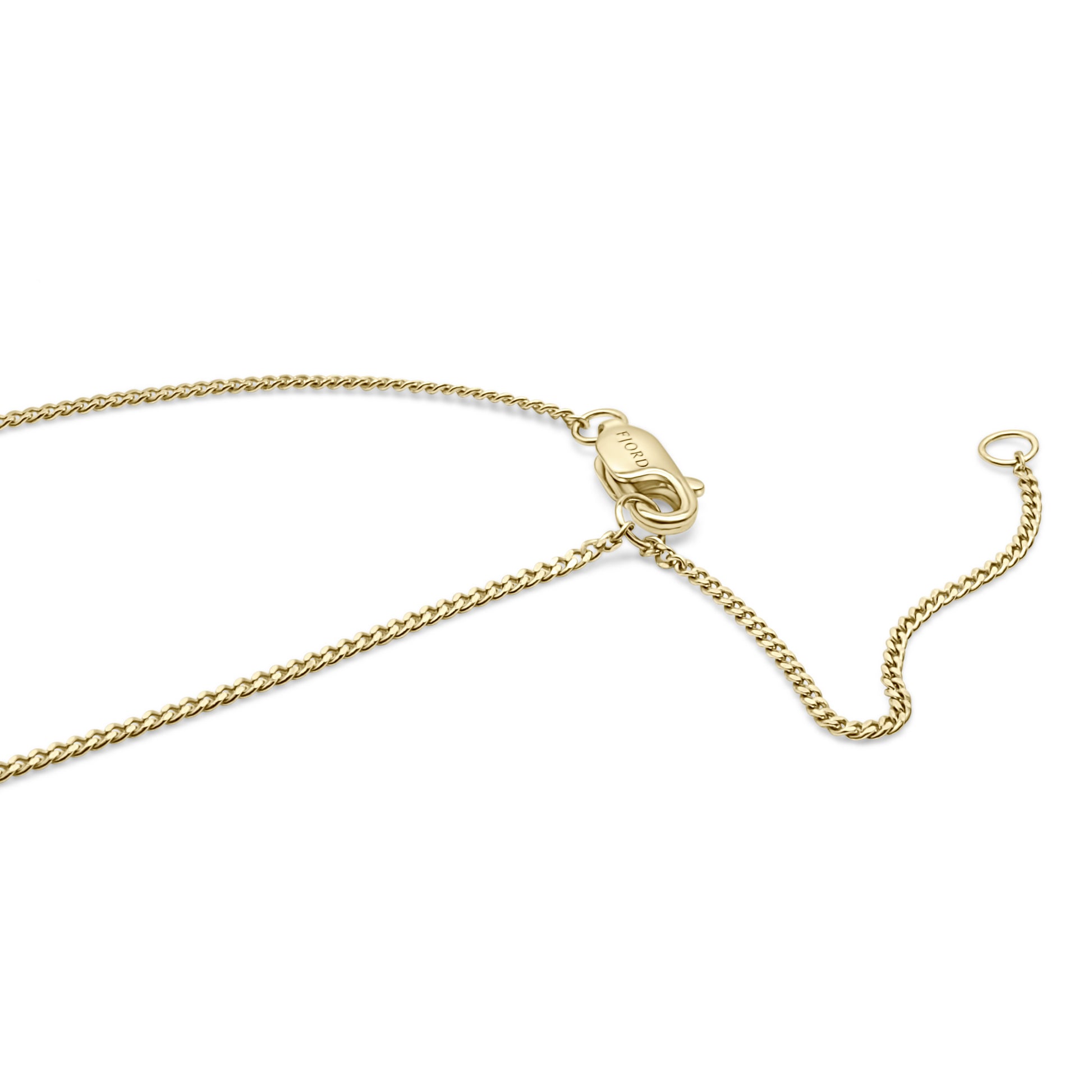 Slim 14K gold vermeil curb chain necklace featuring a lobster clasp, a Fjord logo tag, and a 2-inch extender chain.