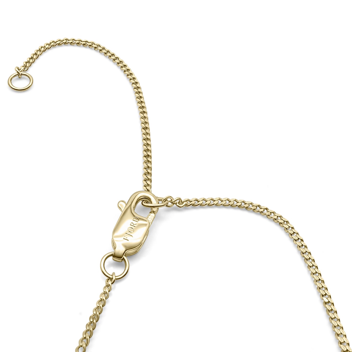 Slim 14K gold vermeil curb chain necklace featuring a lobster clasp, a Fjord logo tag, and a 2-inch extender chain.