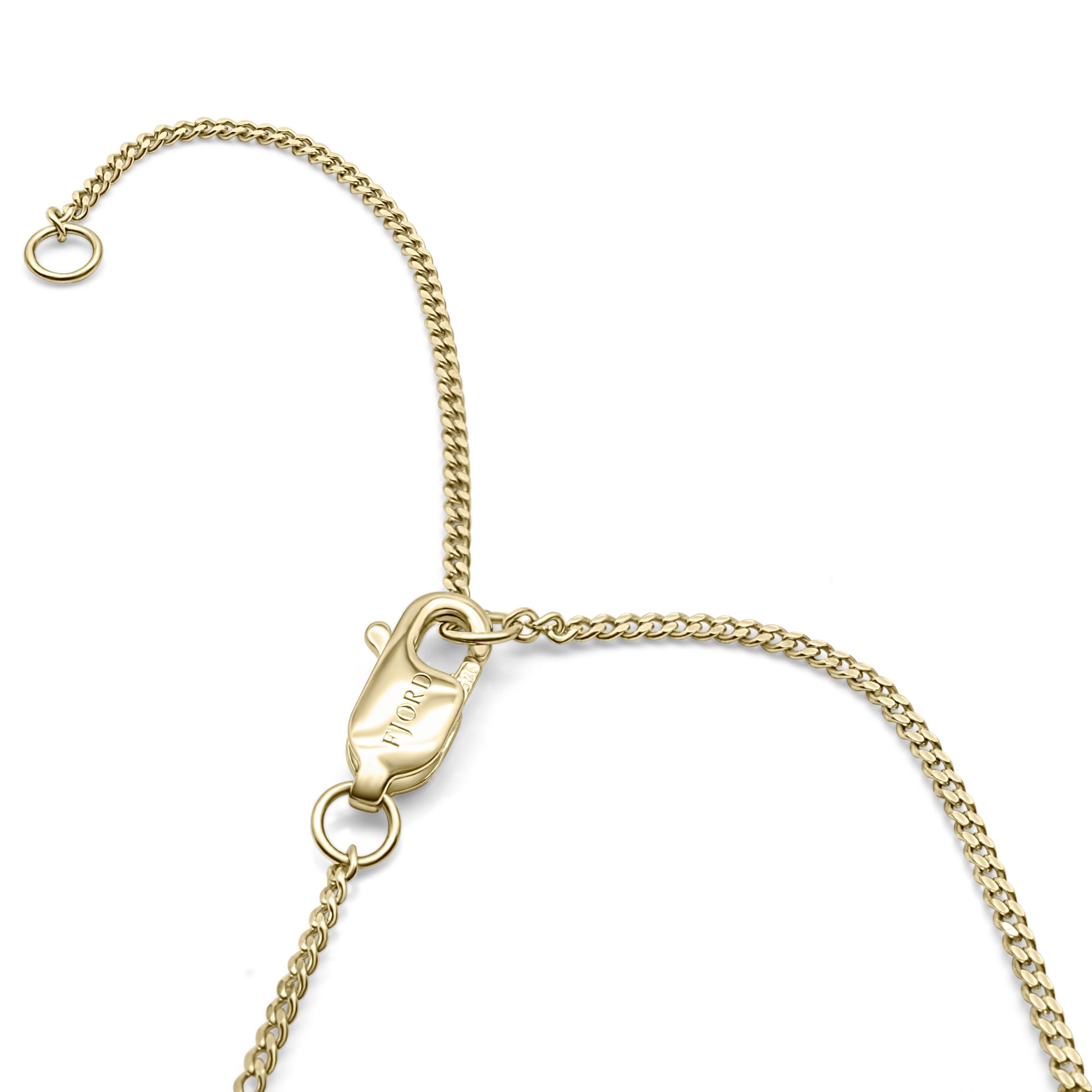 Slim 14K gold vermeil curb chain necklace featuring a lobster clasp, a Fjord logo tag, and a 2-inch extender chain.